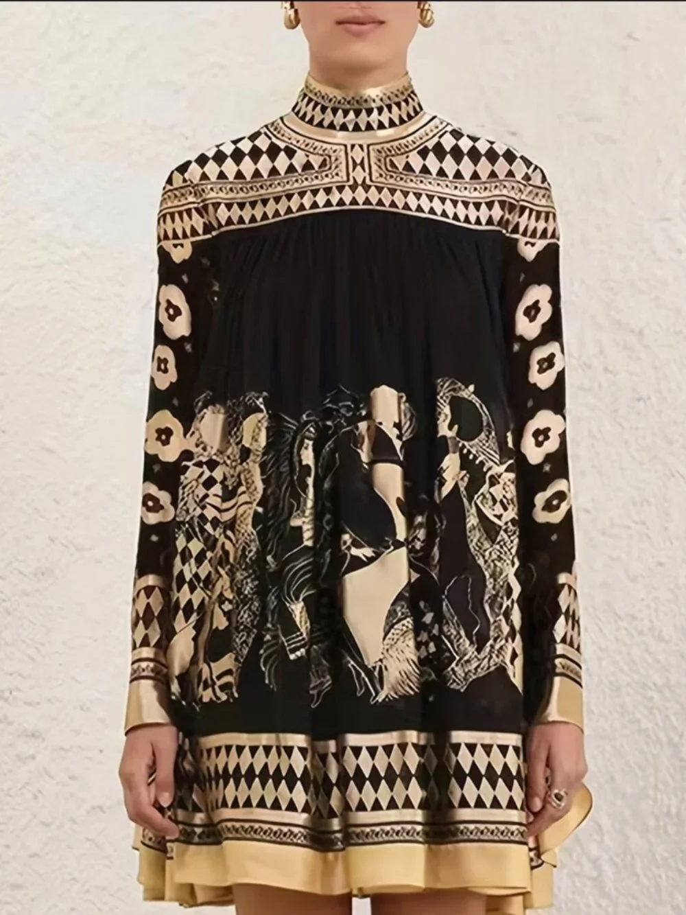 Women'S Bronze Ethnic Print Stand Collar Long-Sleeved Short Dress, Casual